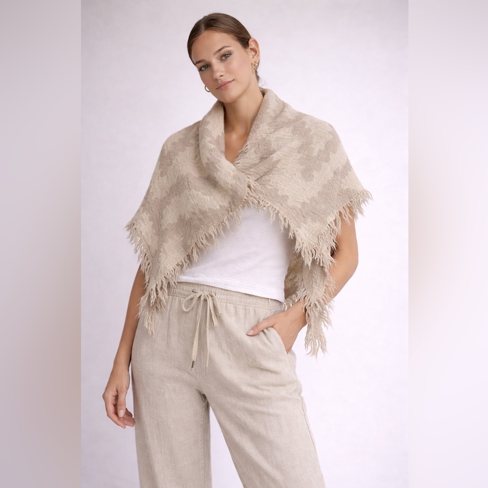 Neutral Geometric Fringe Poncho Wrap Shawl Beige Cream One Size